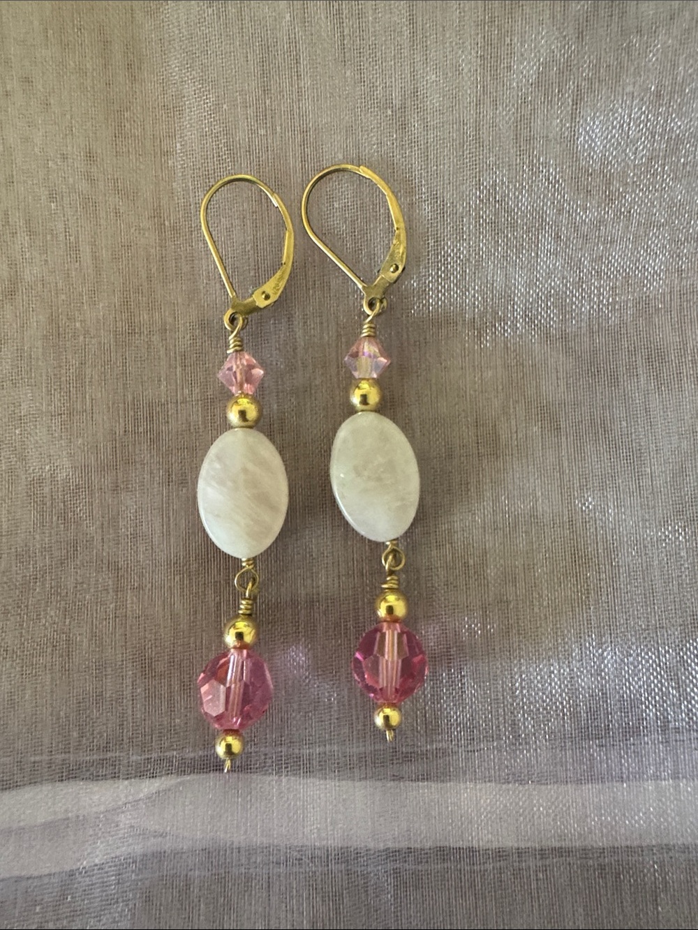 Gold-Tone Pink Bead Drop Earrings with White Oval Accent